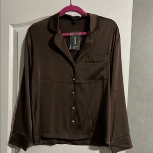 Express Brown Long Sleeve Notched Collar Pajama Shirt